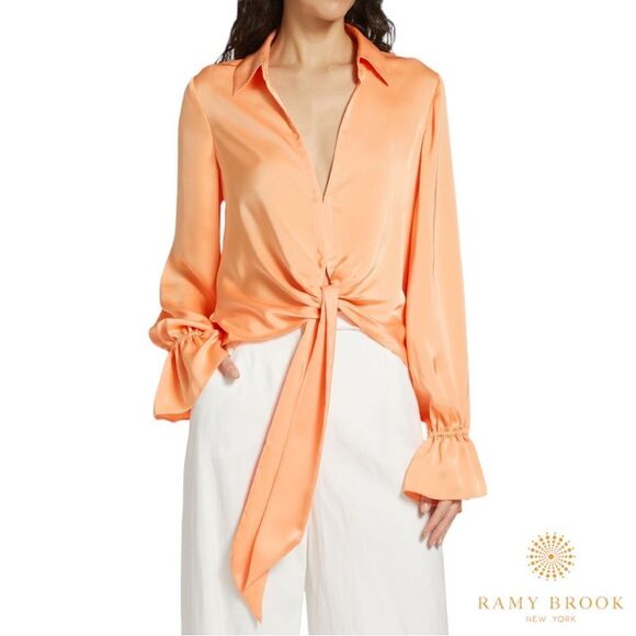 Ramy Brook **NWT**  Carter Satin Self-Tie Blouse in Peach - Picture 2 of 8